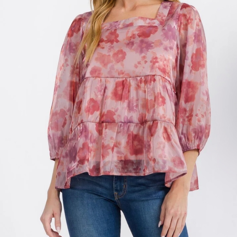Polagram Pink Floral Blouse square neck size women  M